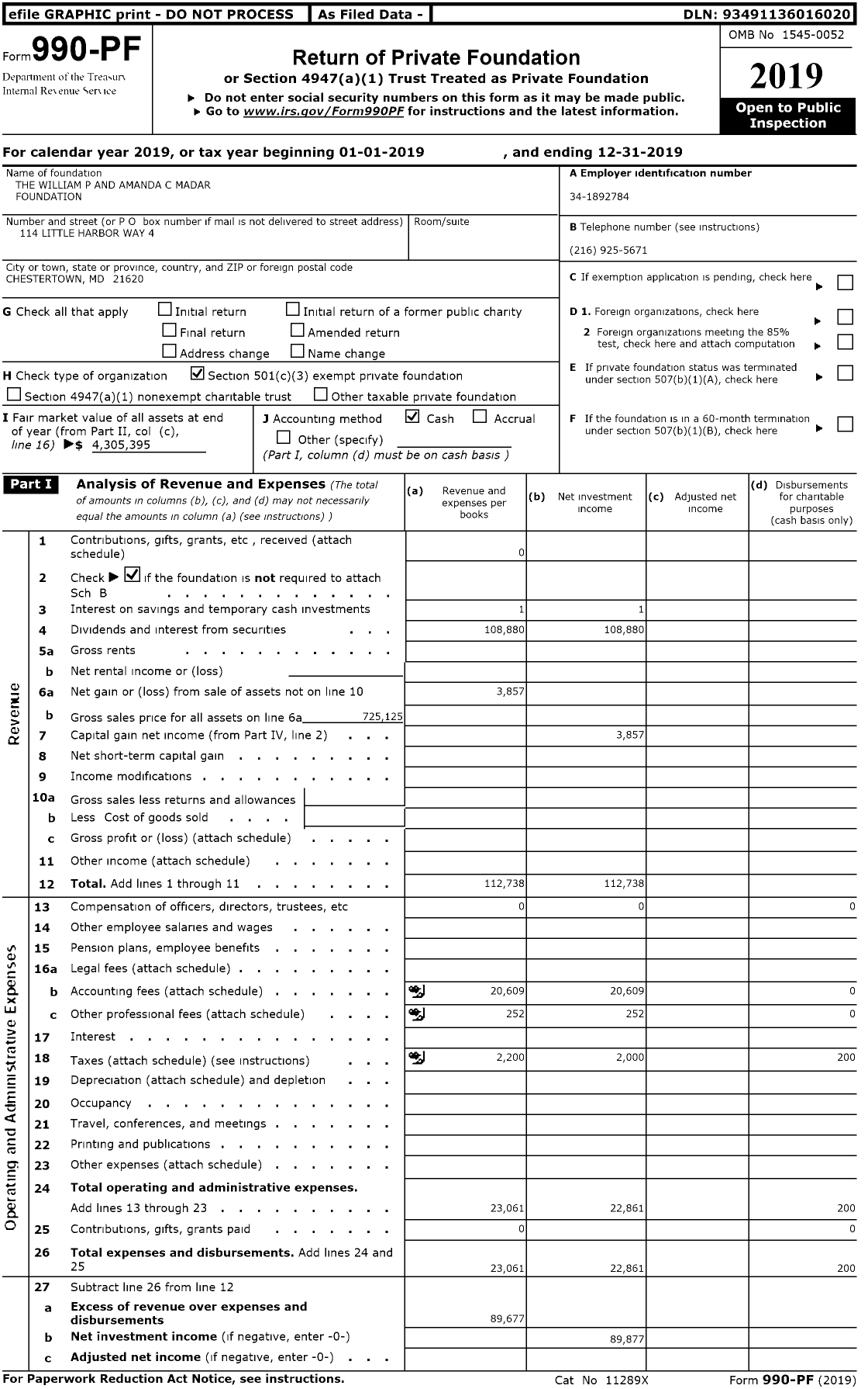 Image of first page of 2019 Form 990PR for The William P and Amanda C Madar Foundation