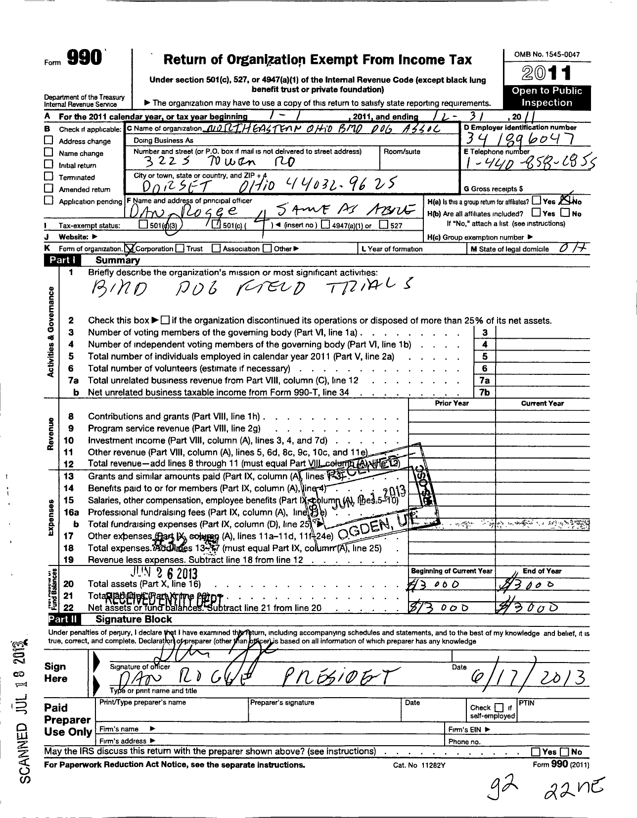 Image of first page of 2011 Form 990O for Northeastern Ohio Bird Dog Association