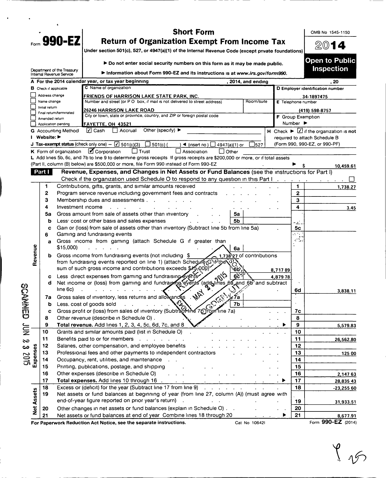 Image of first page of 2014 Form 990EZ for Friends of Harrison Lake State Park