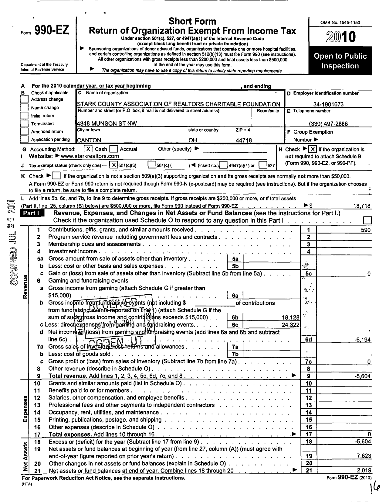 Image of first page of 2010 Form 990EZ for Stark County Association of Realtors Charitable Foundation