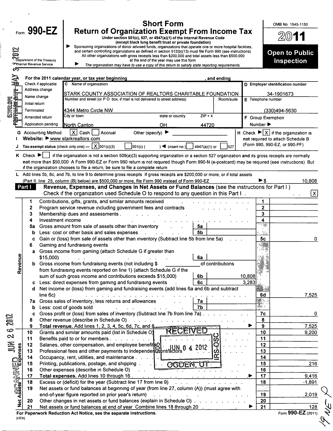 Image of first page of 2011 Form 990EZ for Stark County Association of Realtors Charitable Foundation