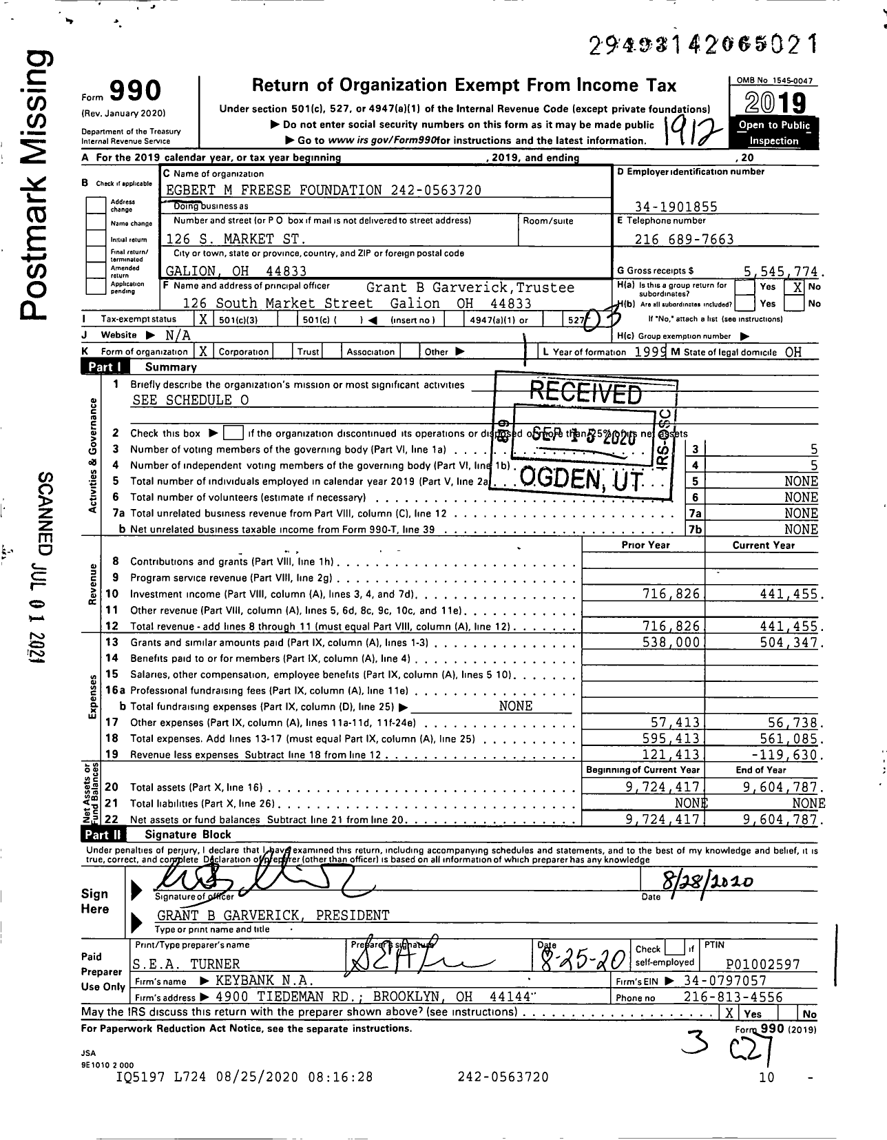 Image of first page of 2019 Form 990 for Egbert M Freese Foundation