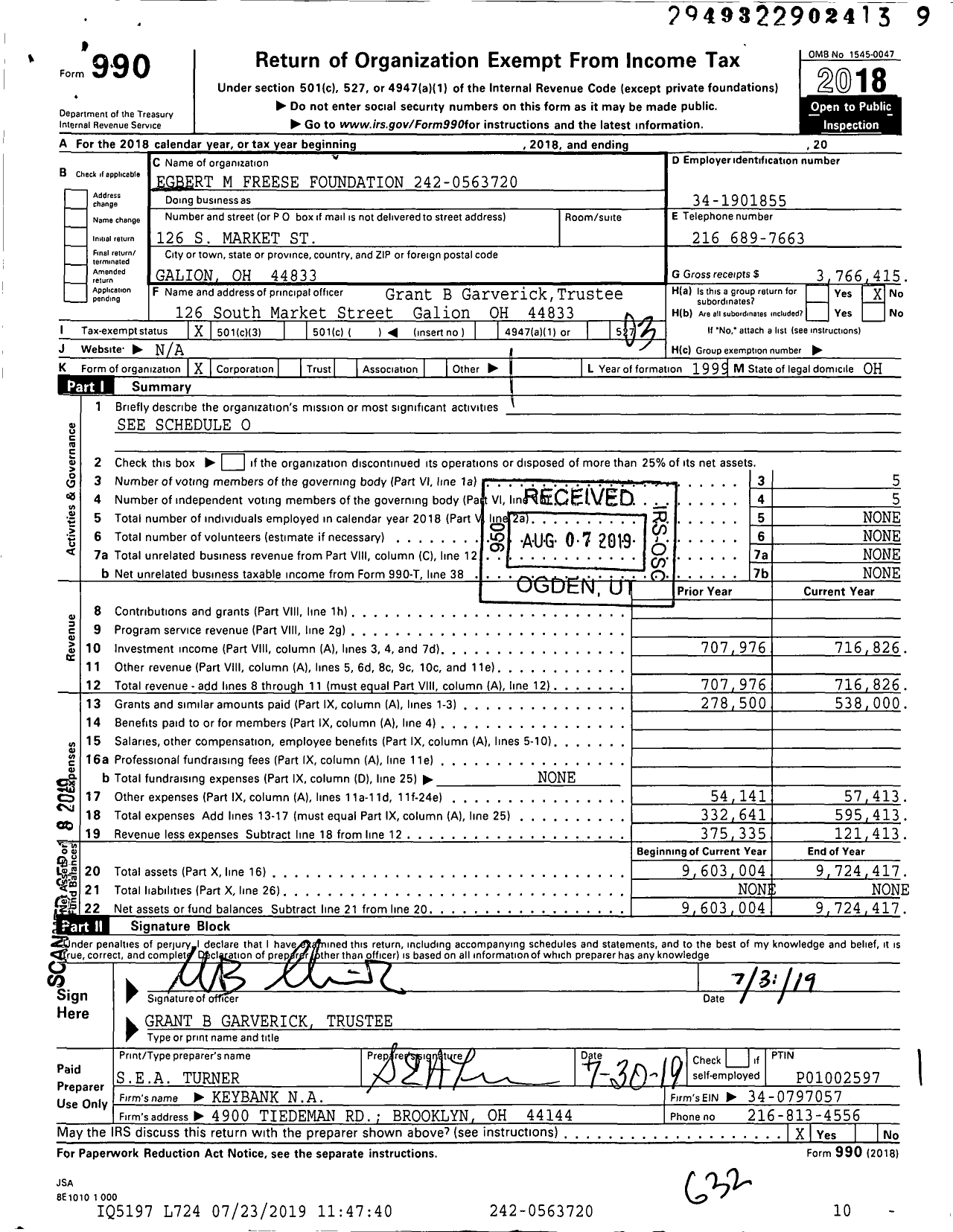Image of first page of 2018 Form 990 for Egbert M Freese Foundation
