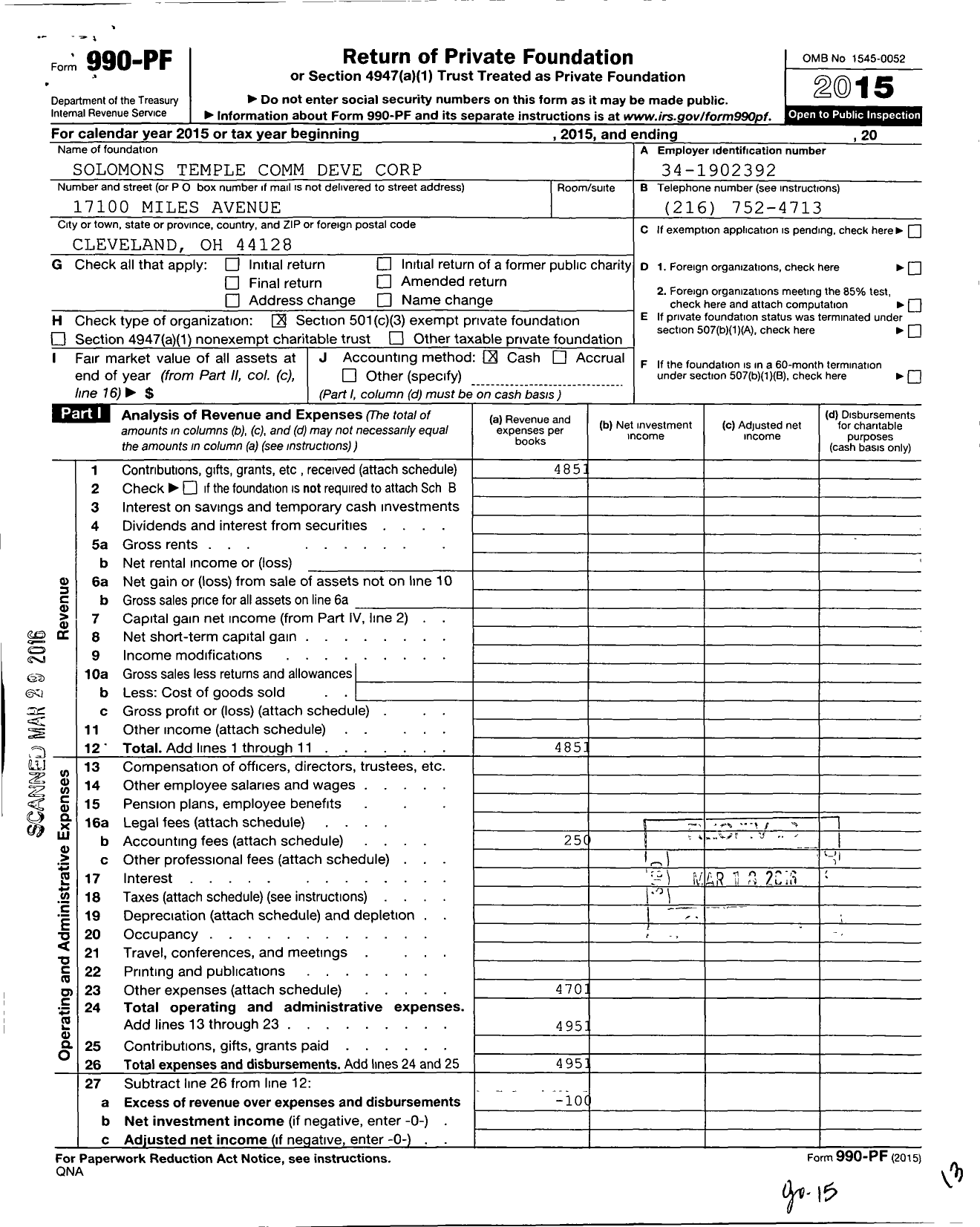 Image of first page of 2015 Form 990PF for Solomons Temple Comm Deve Corporation