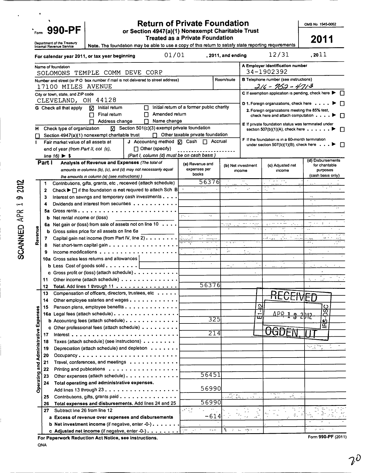 Image of first page of 2011 Form 990PF for Solomons Temple Comm Deve Corporation