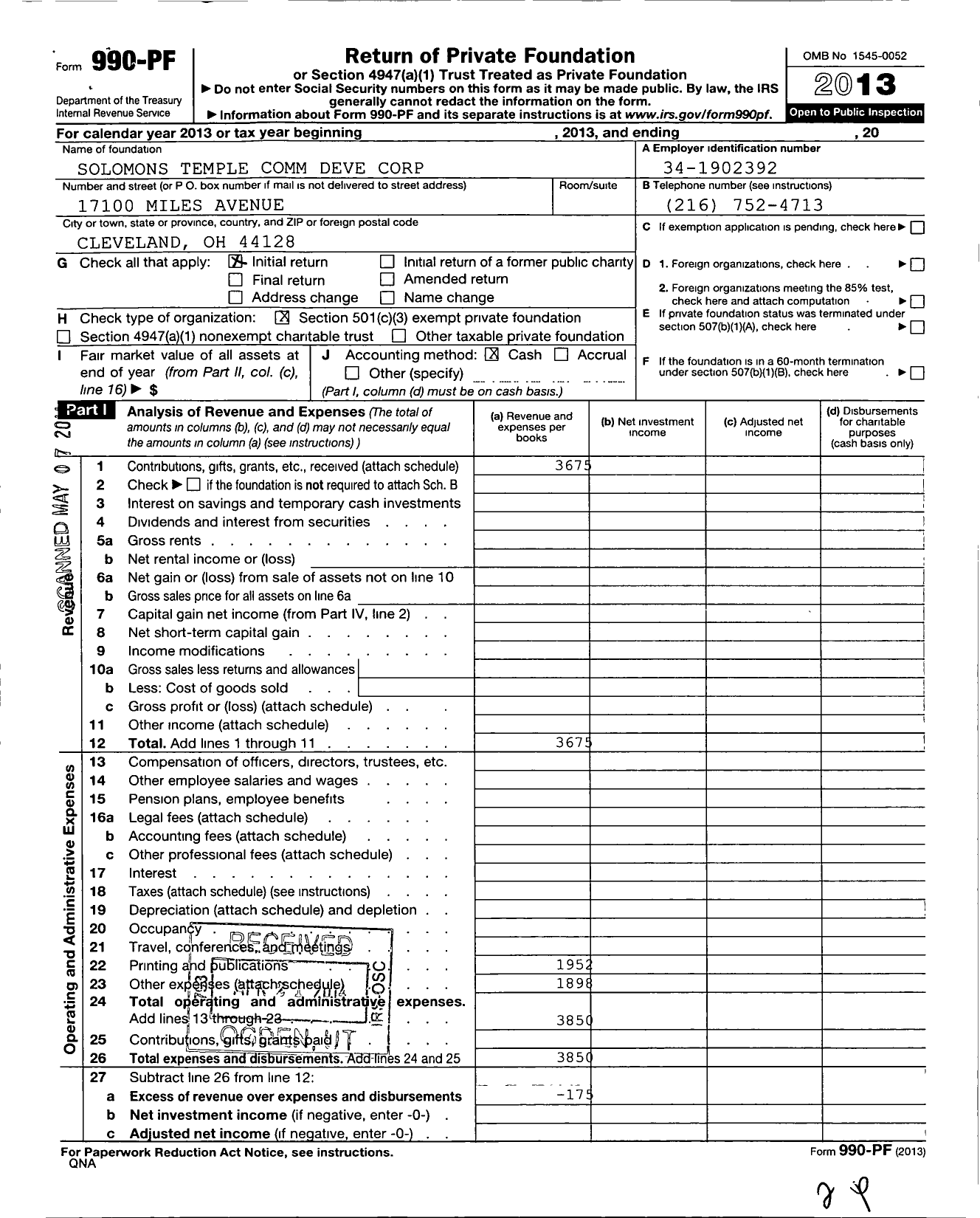 Image of first page of 2013 Form 990PF for Solomons Temple Comm Deve Corporation