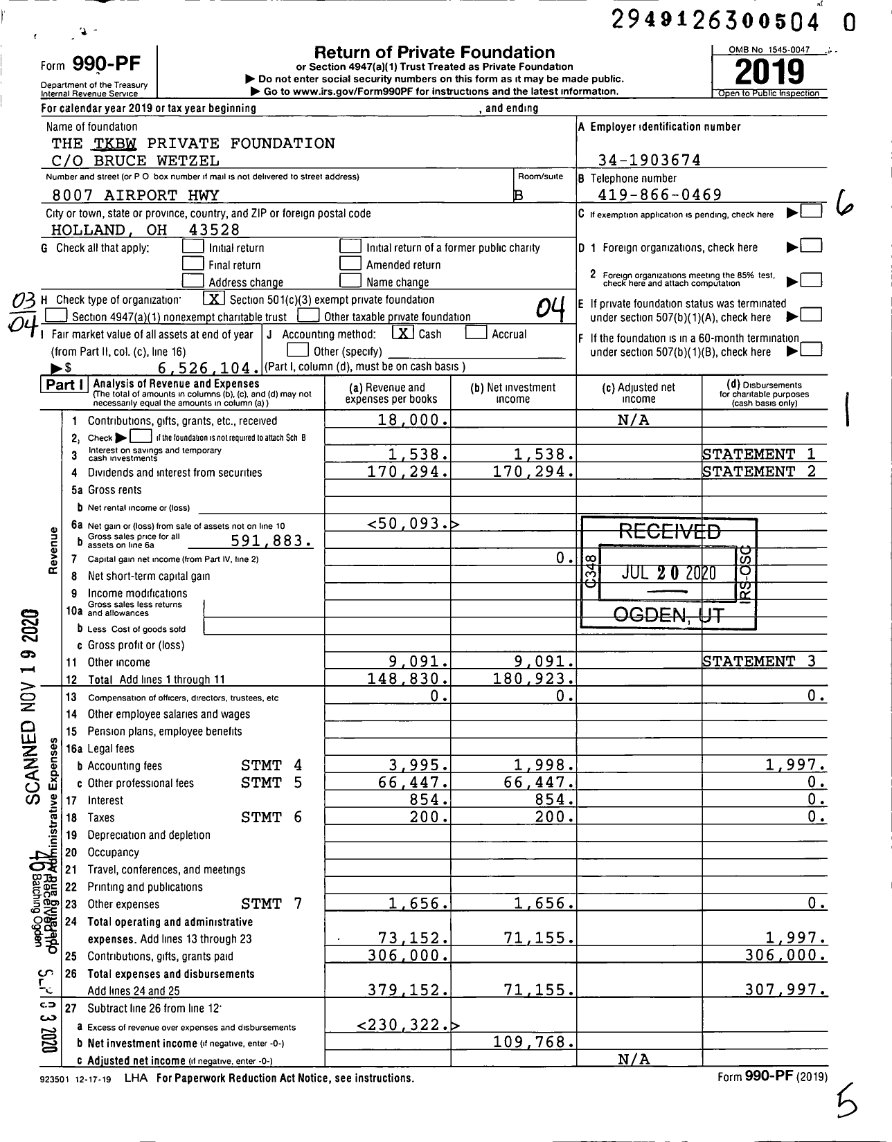 Image of first page of 2019 Form 990PF for The TKBW Private Foundation