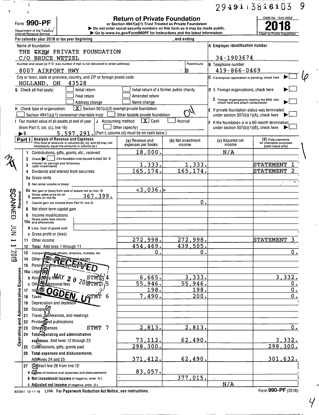 Image of first page of 2018 Form 990PF for The TKBW Private Foundation