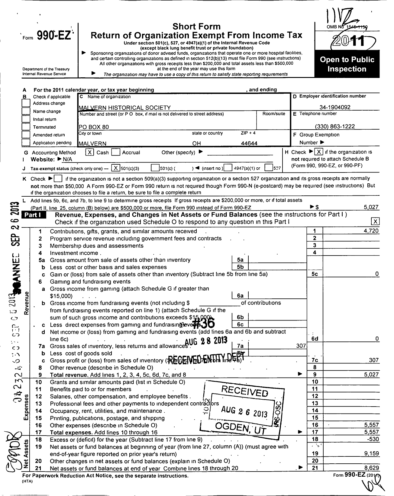 Image of first page of 2011 Form 990EZ for Malvern Historical Society