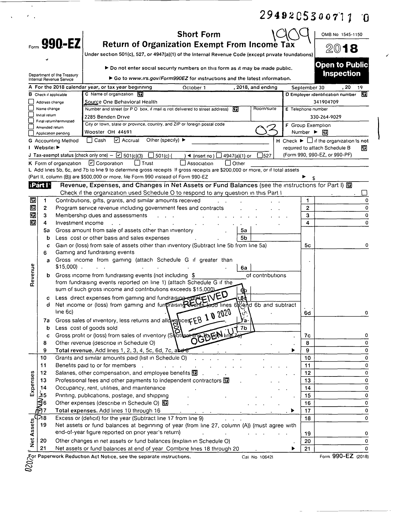 Image of first page of 2018 Form 990EZ for Sourceone Behavioral Health