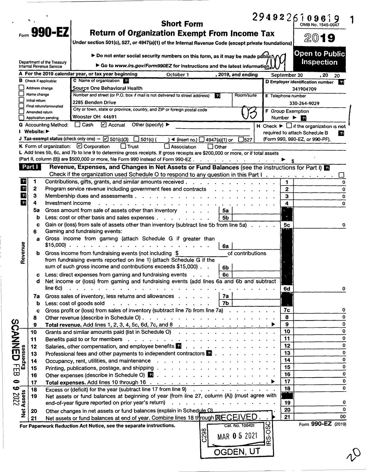 Image of first page of 2019 Form 990EZ for Sourceone Behavioral Health