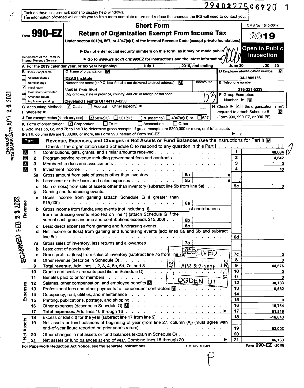 Image of first page of 2019 Form 990EZ for Ideas Institute