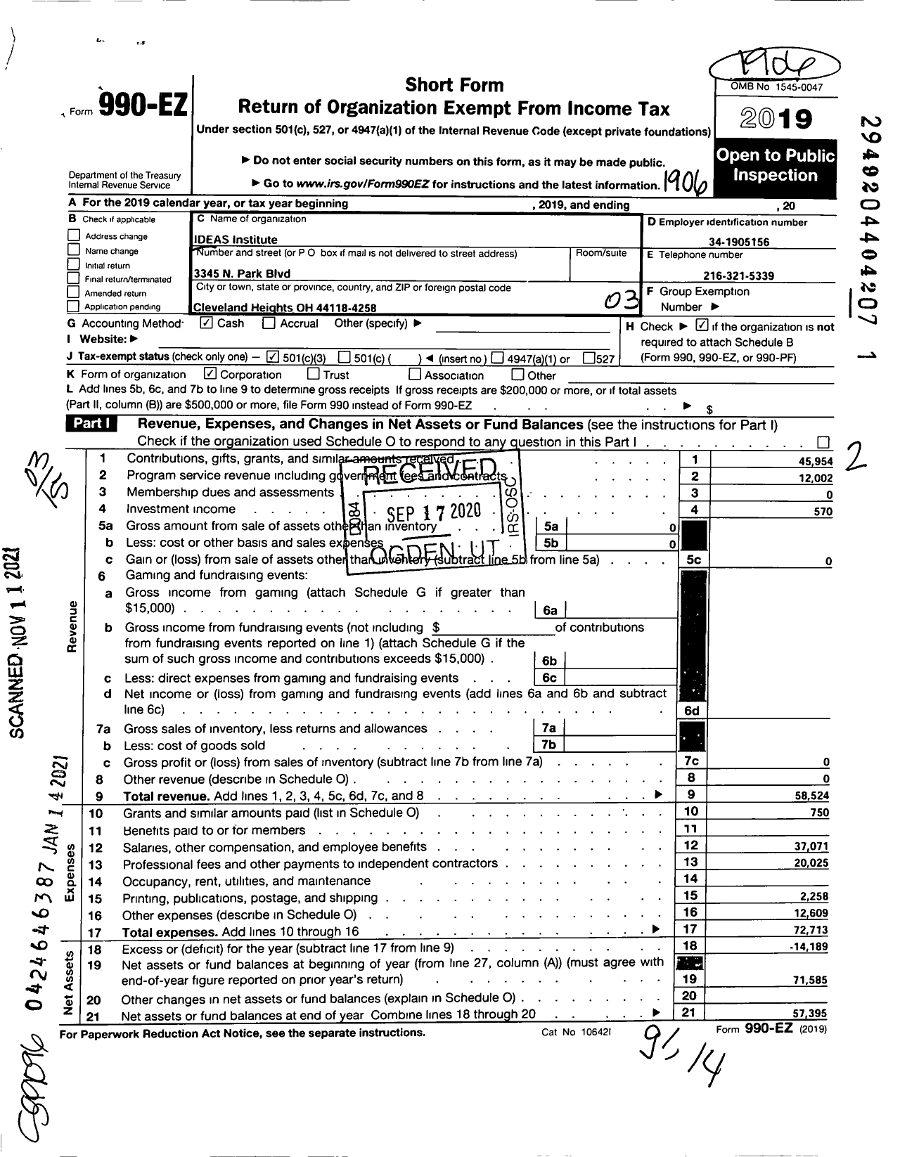 Image of first page of 2018 Form 990EZ for Ideas Institute