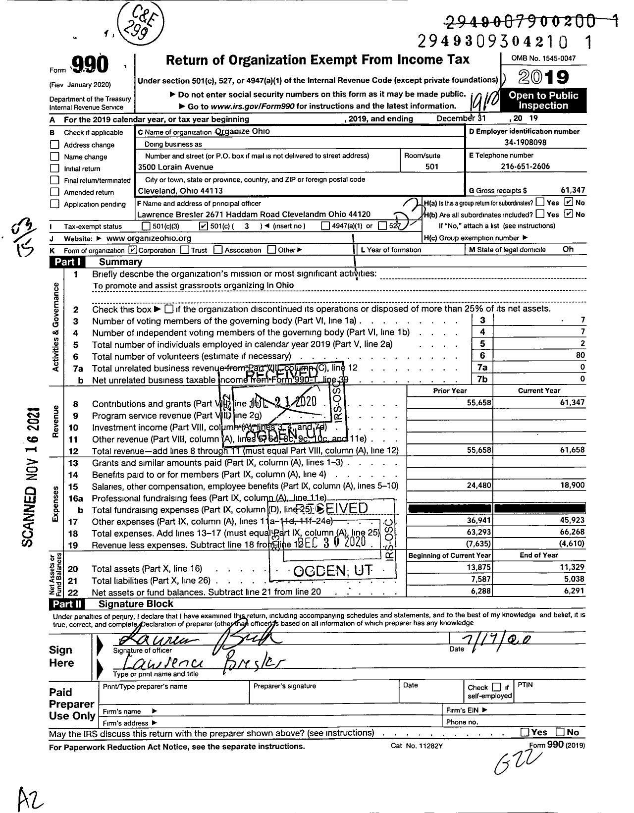 Image of first page of 2019 Form 990 for Organize Ohio