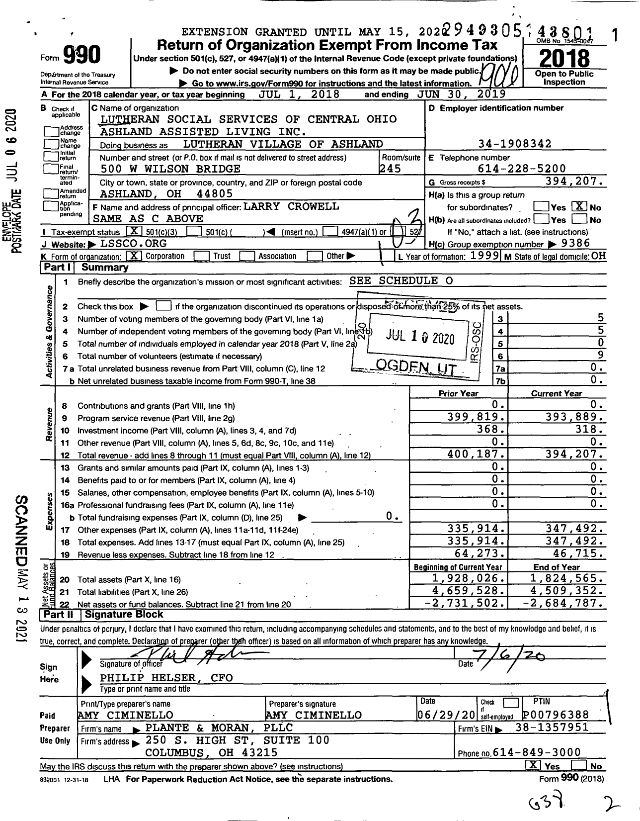 Image of first page of 2018 Form 990 for Lutheran Village of Ashland