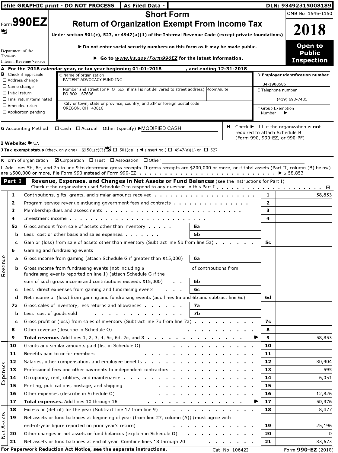 Image of first page of 2018 Form 990EZ for Patient Advocacy Fund