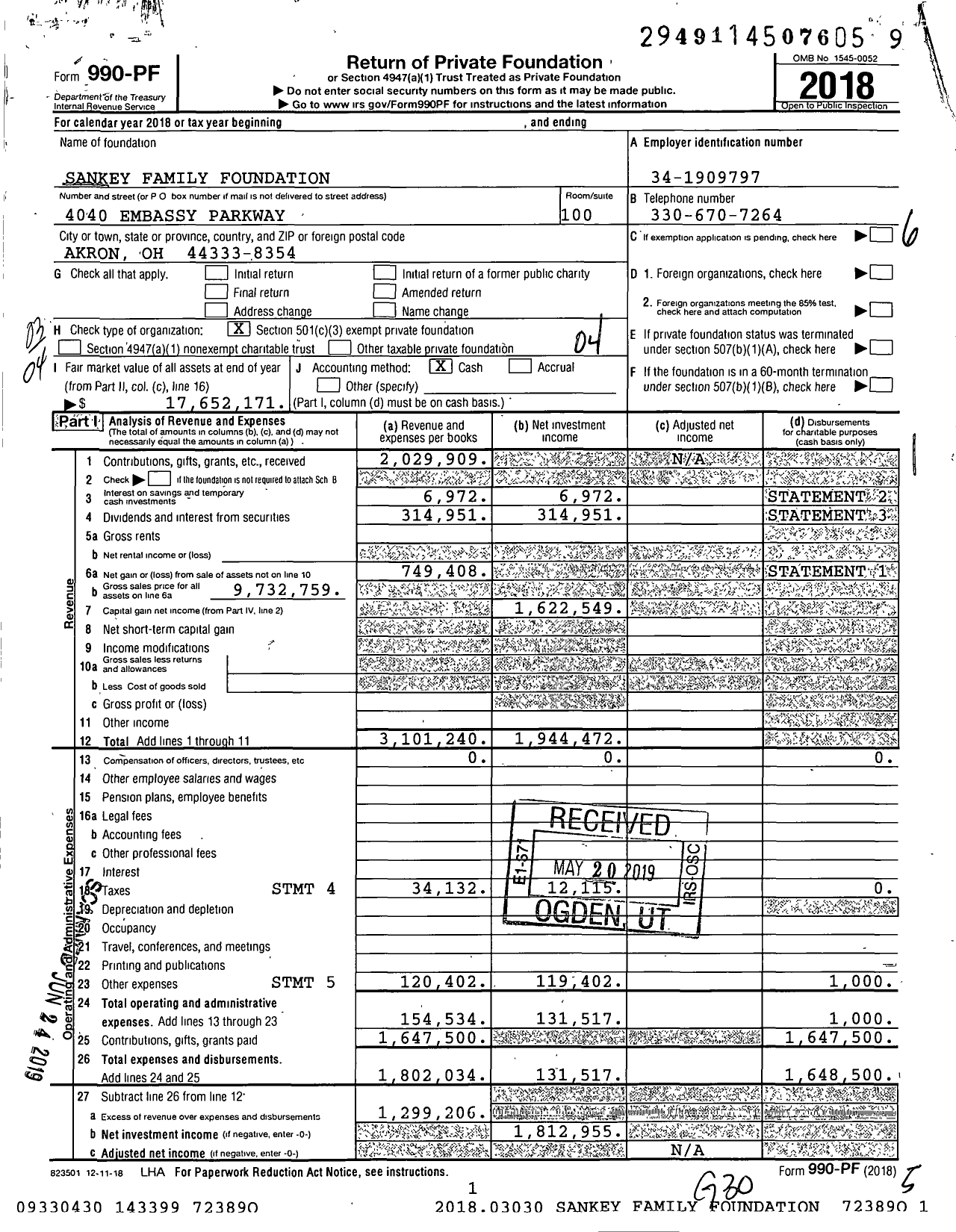 Image of first page of 2018 Form 990PF for Sankey Family Foundation