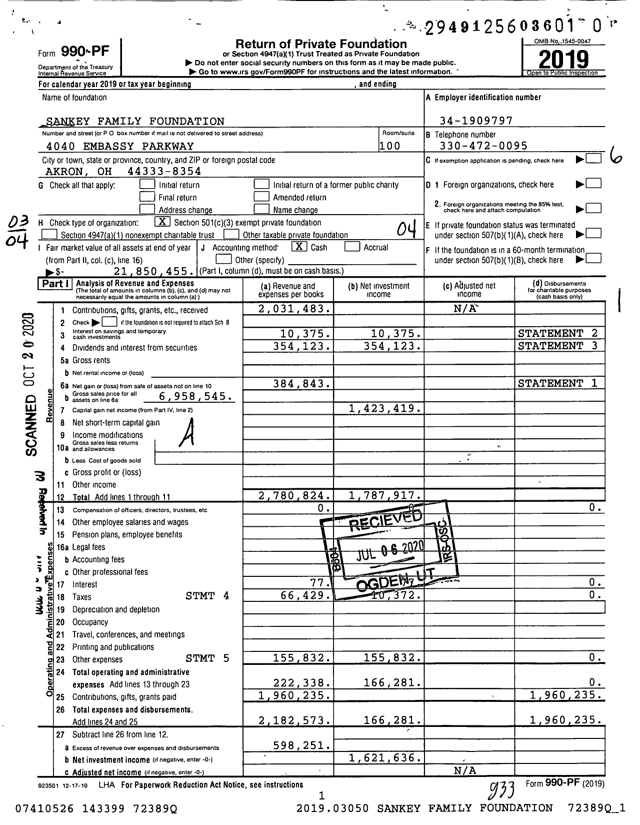 Image of first page of 2019 Form 990PR for Sankey Family Foundation