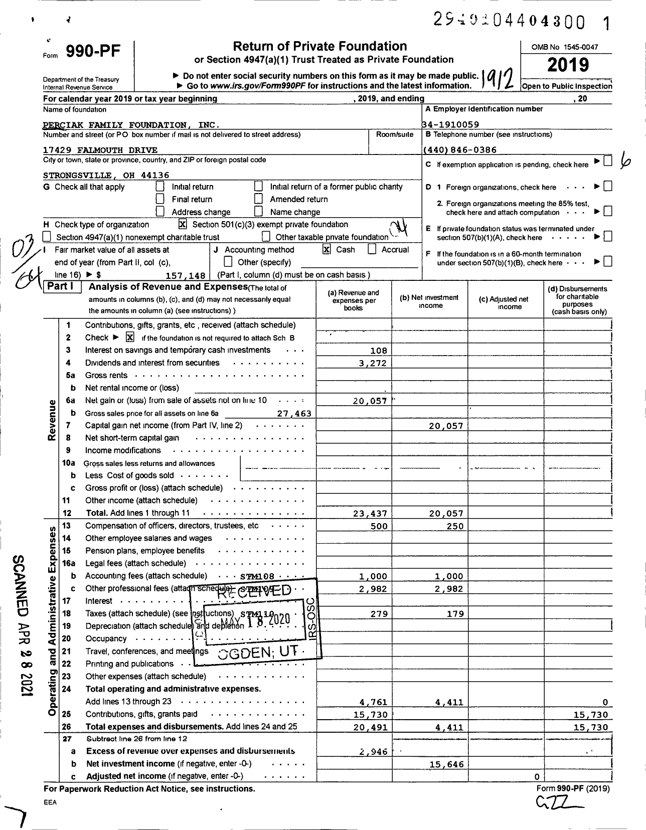 Image of first page of 2019 Form 990PF for Perciak Family Foundation