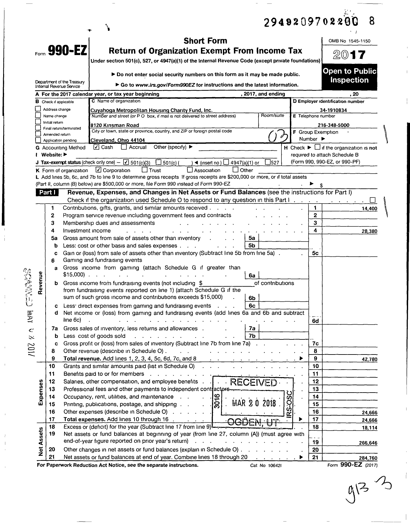 Image of first page of 2017 Form 990EZ for Cuyahoga Metropolitan Housing Charity Fund