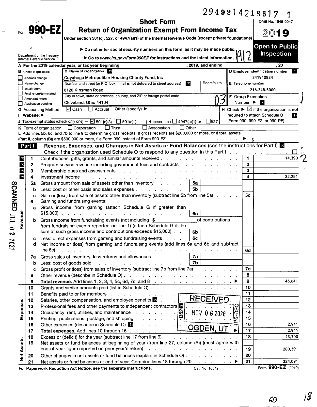 Image of first page of 2019 Form 990EZ for Cuyahoga Metropolitan Housing Charity Fund