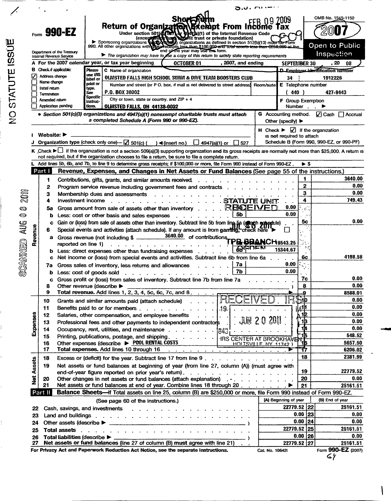 Image of first page of 2007 Form 990EO for Olmsted Falls High School Swim and Dive Team Boosters Club