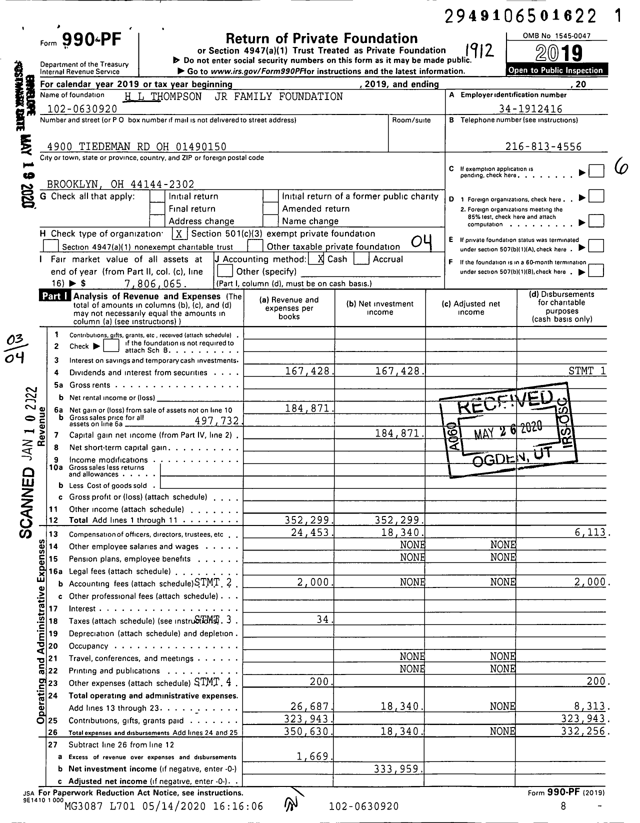 Image of first page of 2019 Form 990PF for H L Thompson JR Family Foundation