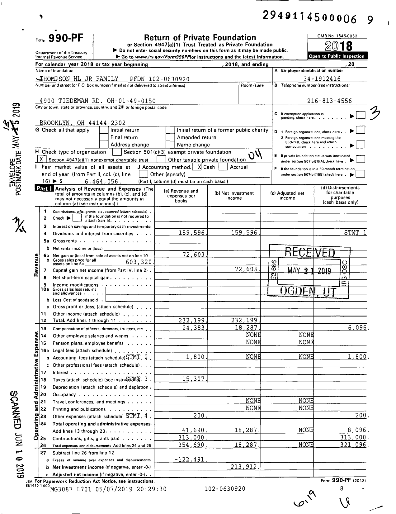 Image of first page of 2018 Form 990PF for H L Thompson JR Family Foundation