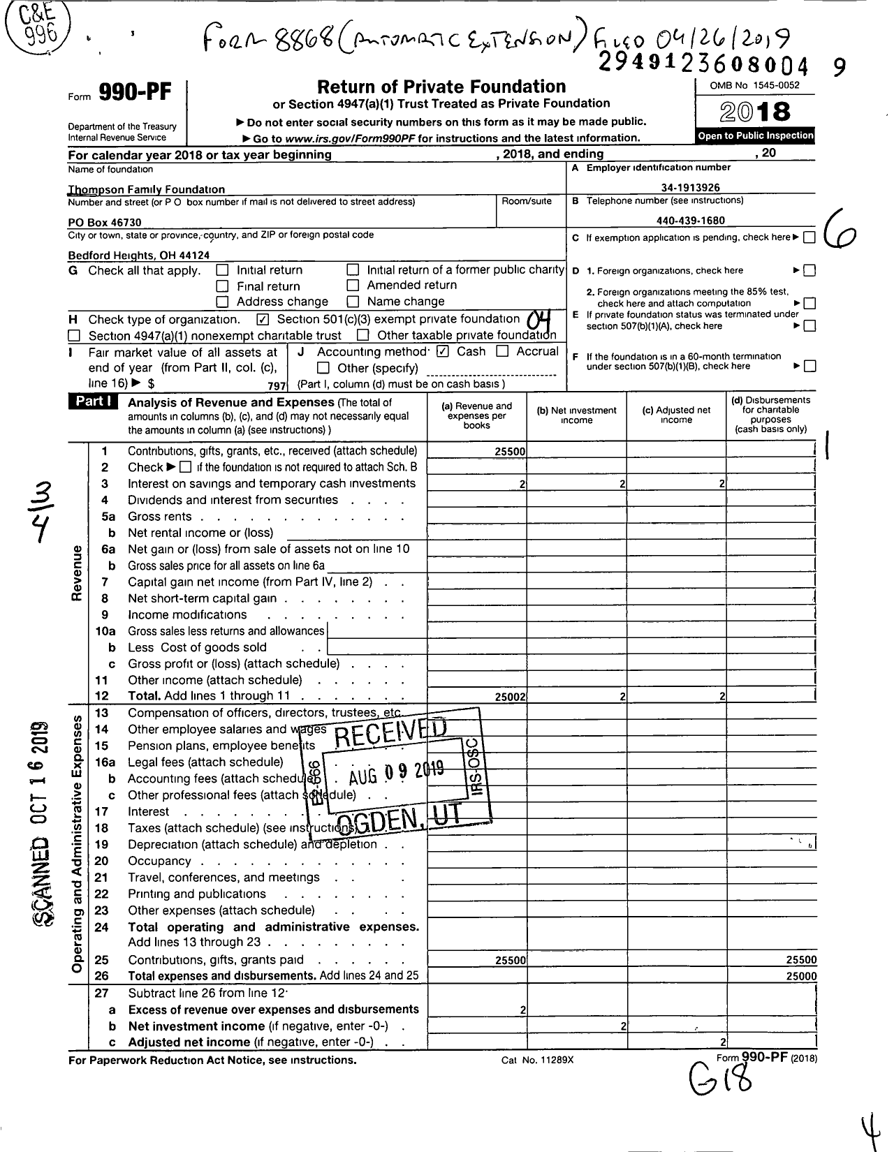 Image of first page of 2018 Form 990PF for Thompson Family Foundation