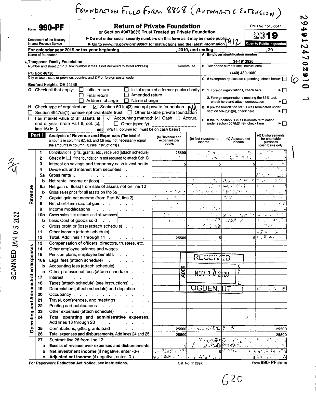 Image of first page of 2019 Form 990PF for Thompson Family Foundation