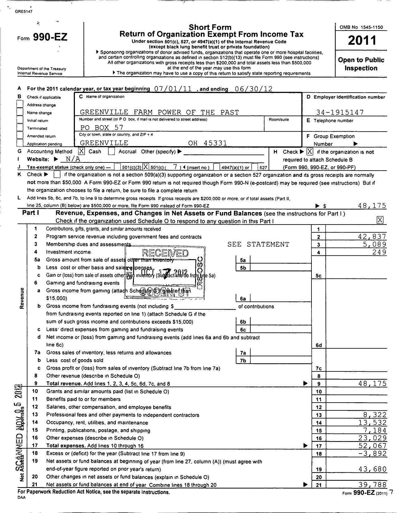 Image of first page of 2011 Form 990EO for Greenville Farm Power of the Past