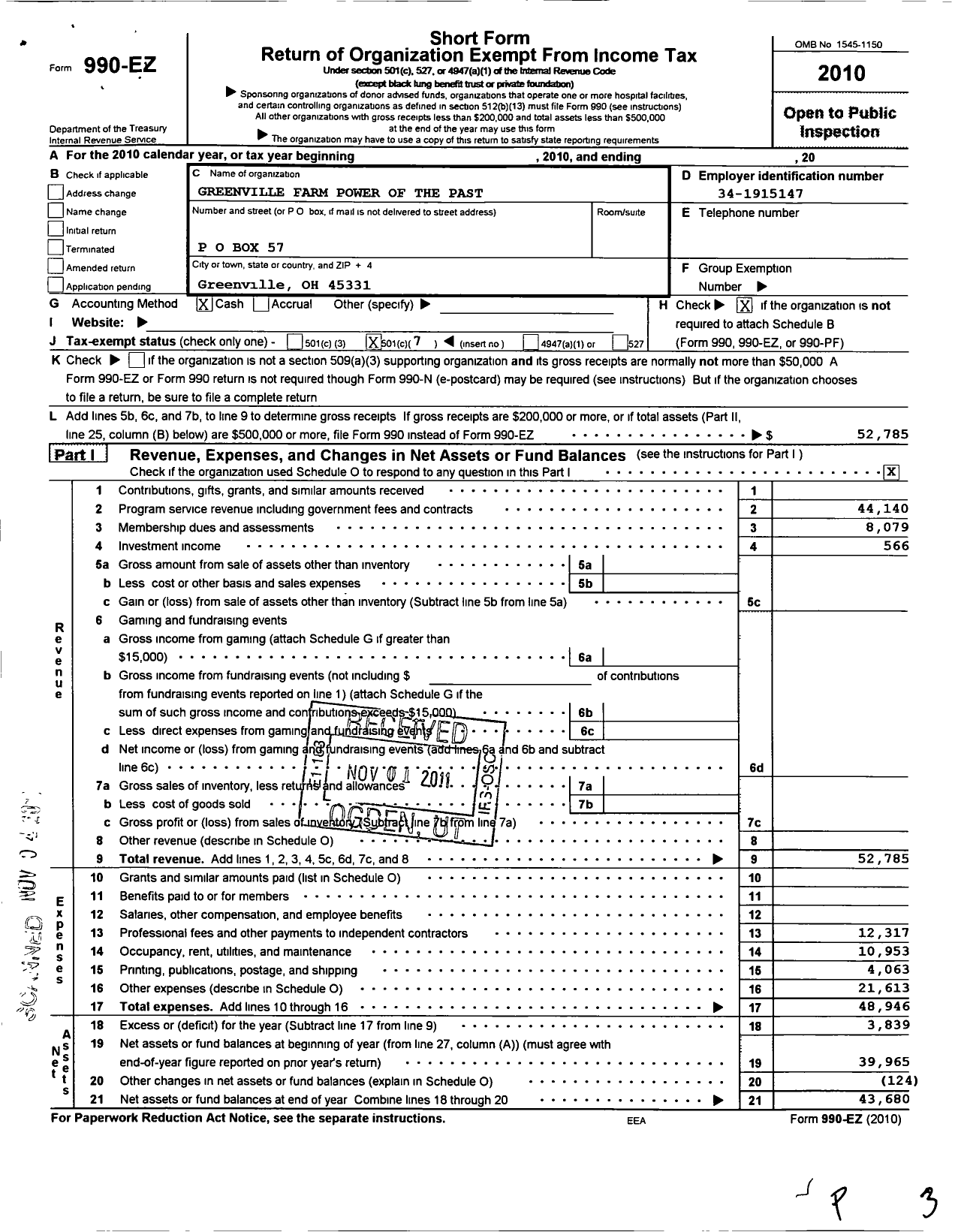 Image of first page of 2010 Form 990EO for Greenville Farm Power of the Past