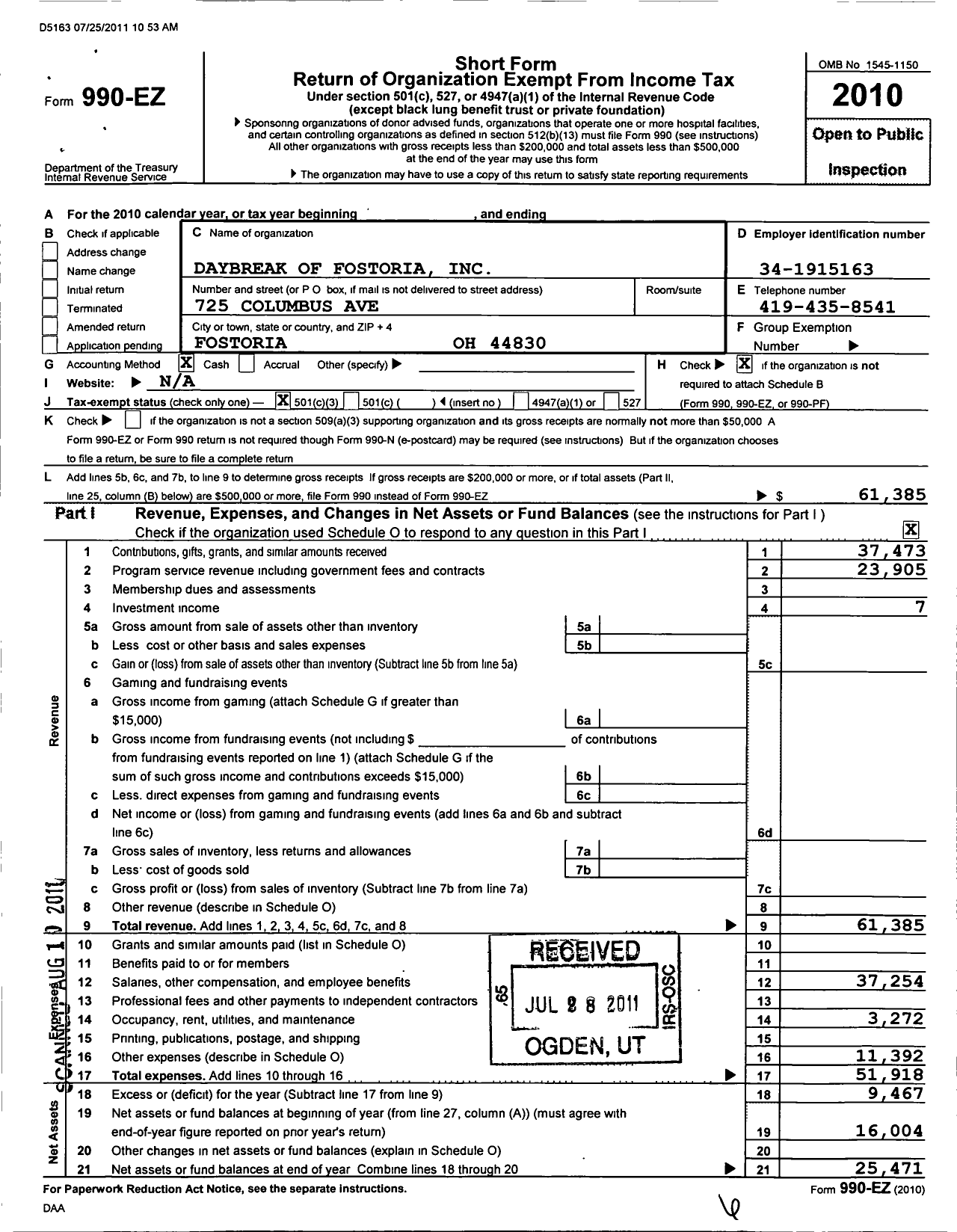 Image of first page of 2010 Form 990EZ for Daybreak of Fostoria