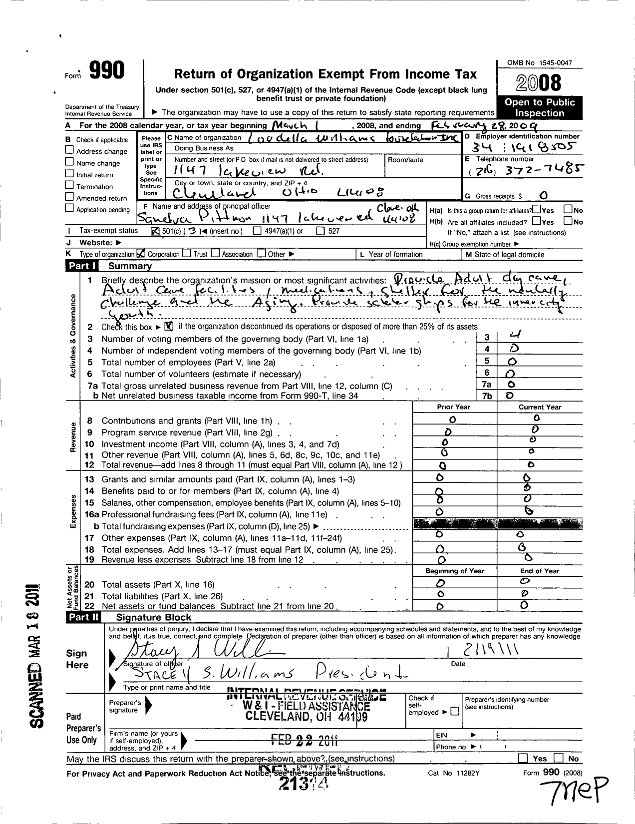 Image of first page of 2008 Form 990 for Loudella Williams Foundation Incorporated