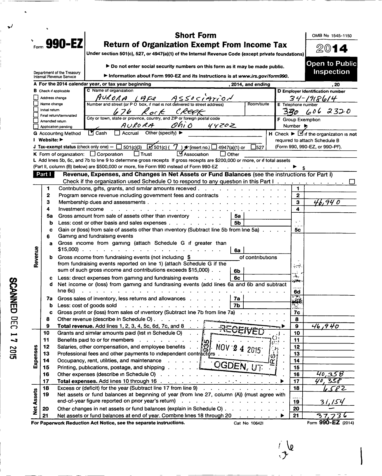 Image of first page of 2014 Form 990EO for Aurora Lake Association