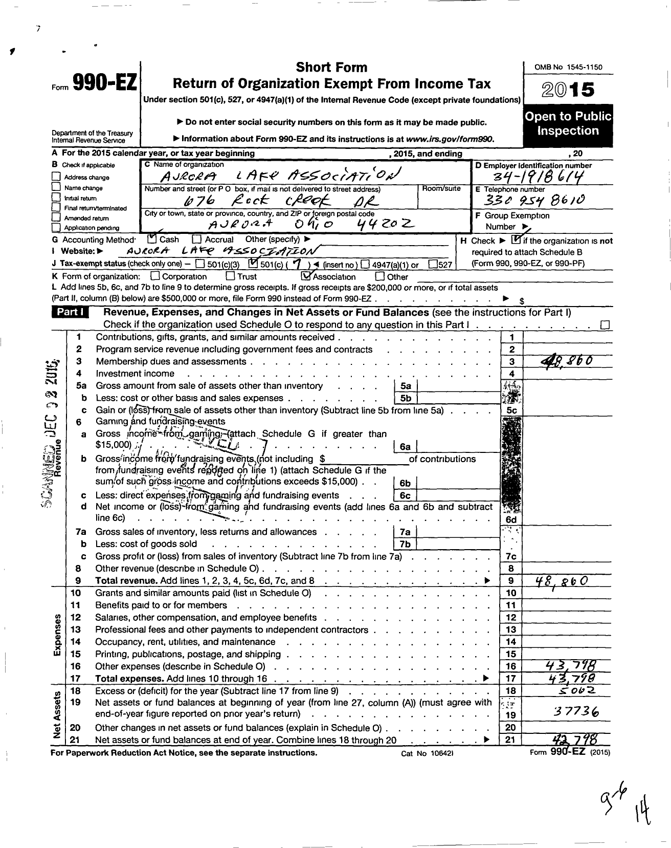 Image of first page of 2015 Form 990EO for Aurora Lake Association