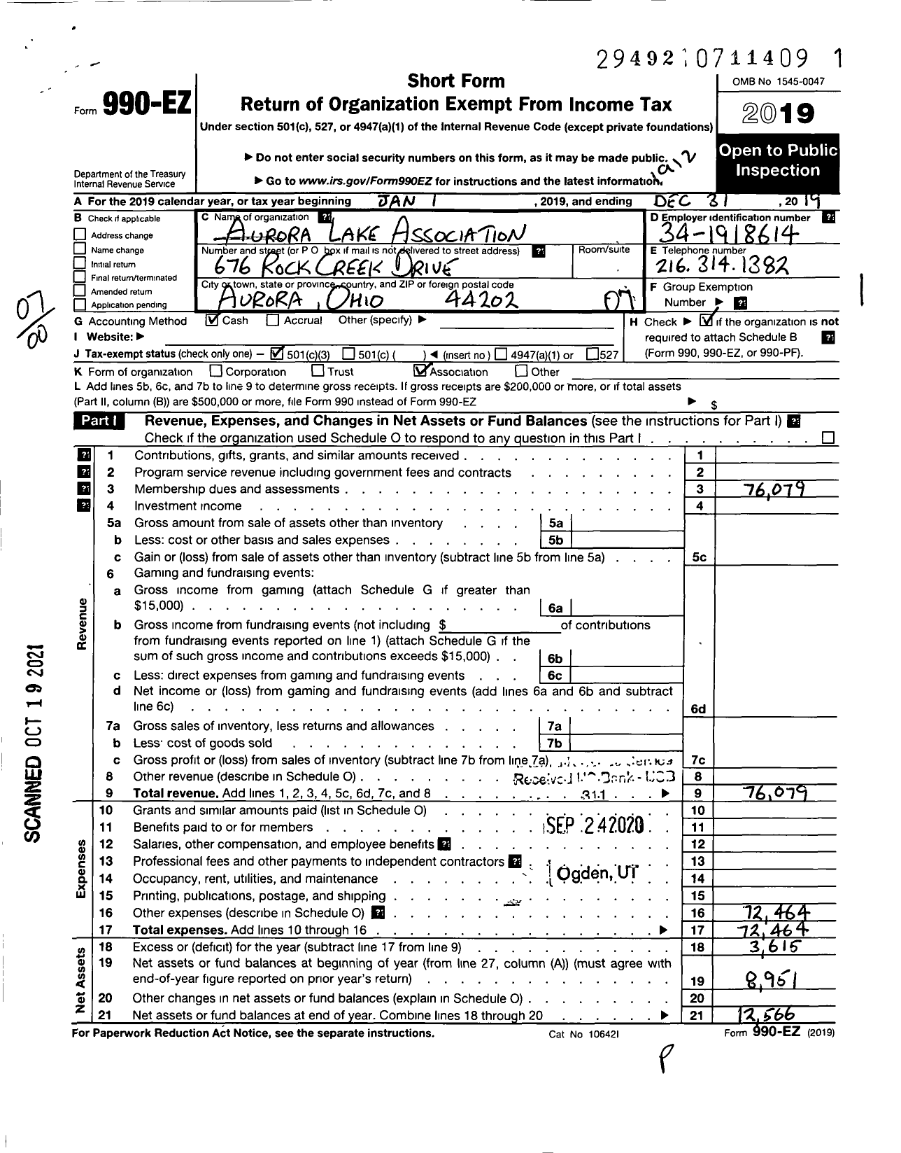 Image of first page of 2019 Form 990EO for Aurora Lake Association
