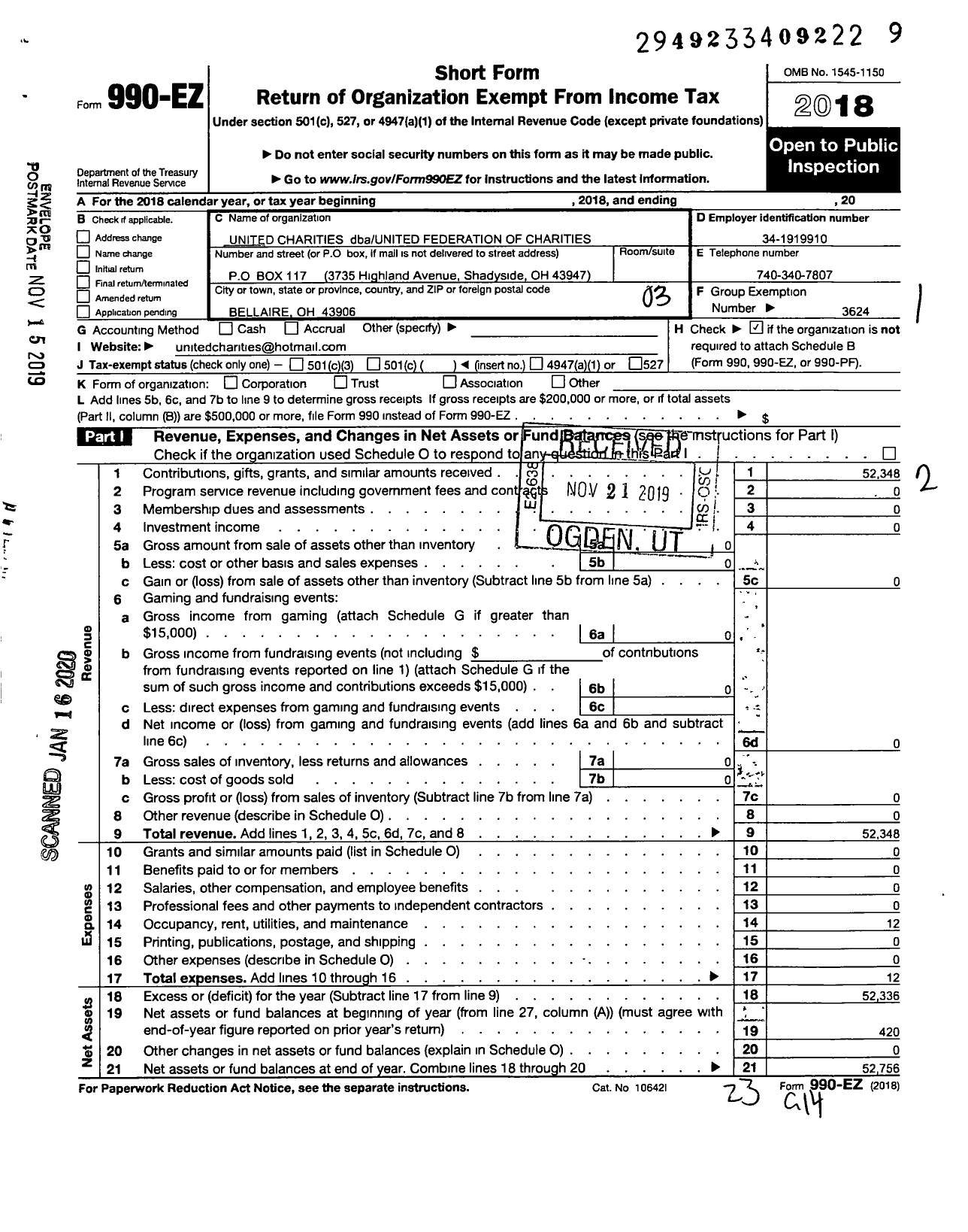 Image of first page of 2018 Form 990EZ for United Federation of Charities