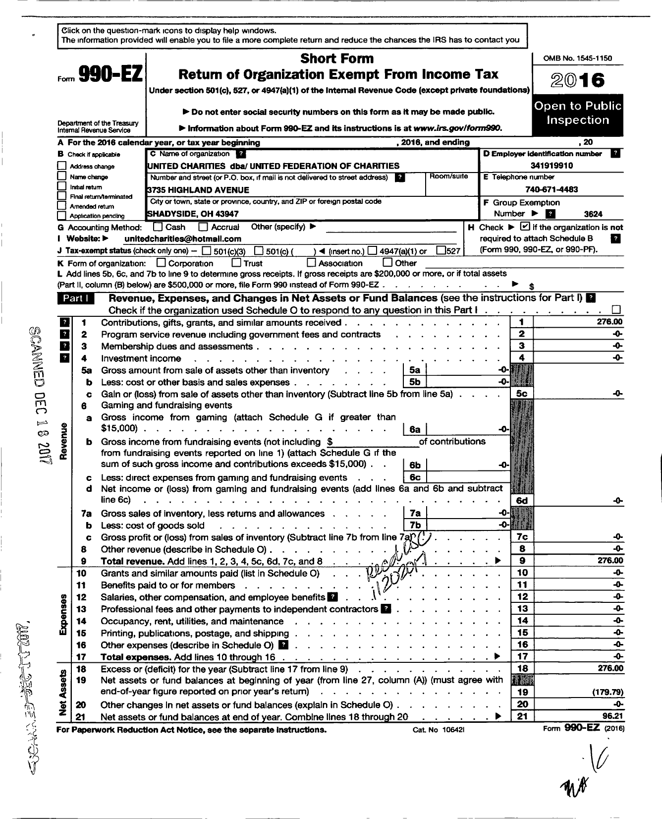 Image of first page of 2016 Form 990EO for United Federation of Charities