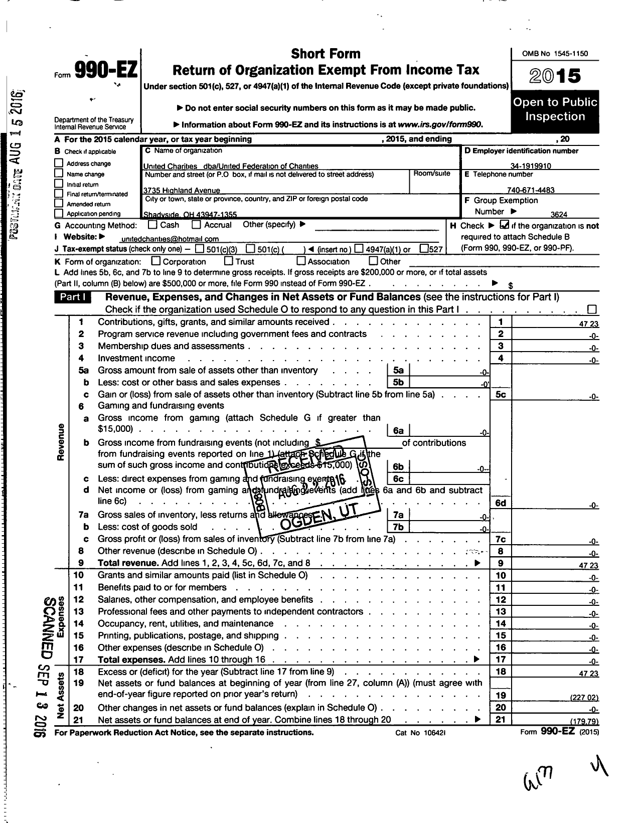 Image of first page of 2015 Form 990EO for United Federation of Charities