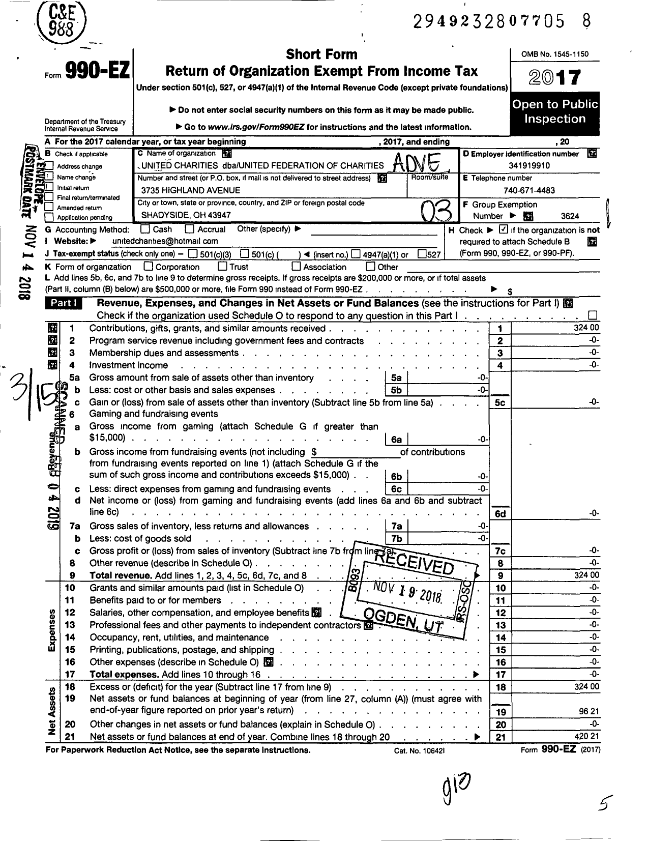 Image of first page of 2017 Form 990EZ for United Federation of Charities