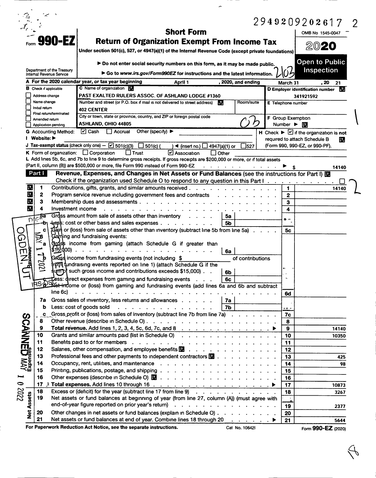 Image of first page of 2020 Form 990EZ for Past Exalted Rulers Association of Ashland Lodge No 1360 B P O E
