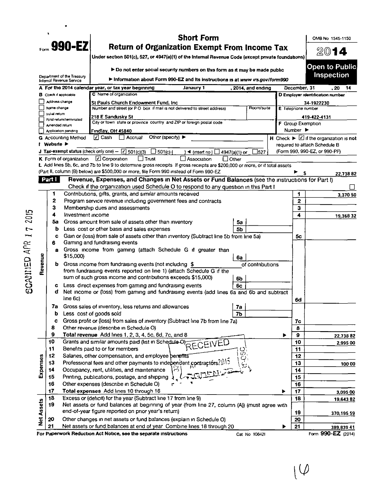 Image of first page of 2014 Form 990EZ for St Paul's Church Endowment Fund