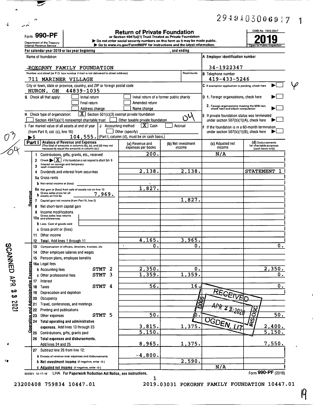 Image of first page of 2019 Form 990PF for Pokorny Family Foundation