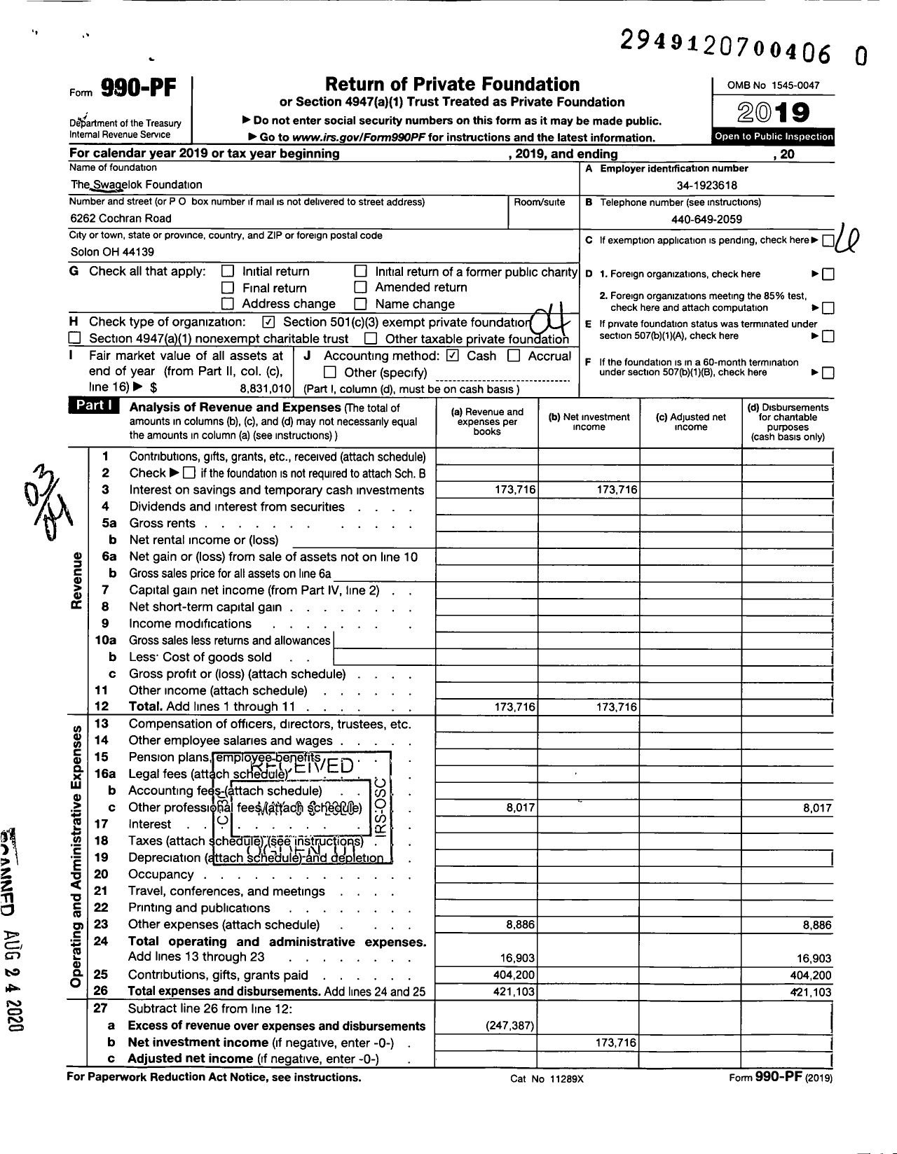 Image of first page of 2019 Form 990PR for The Swagelok Foundation