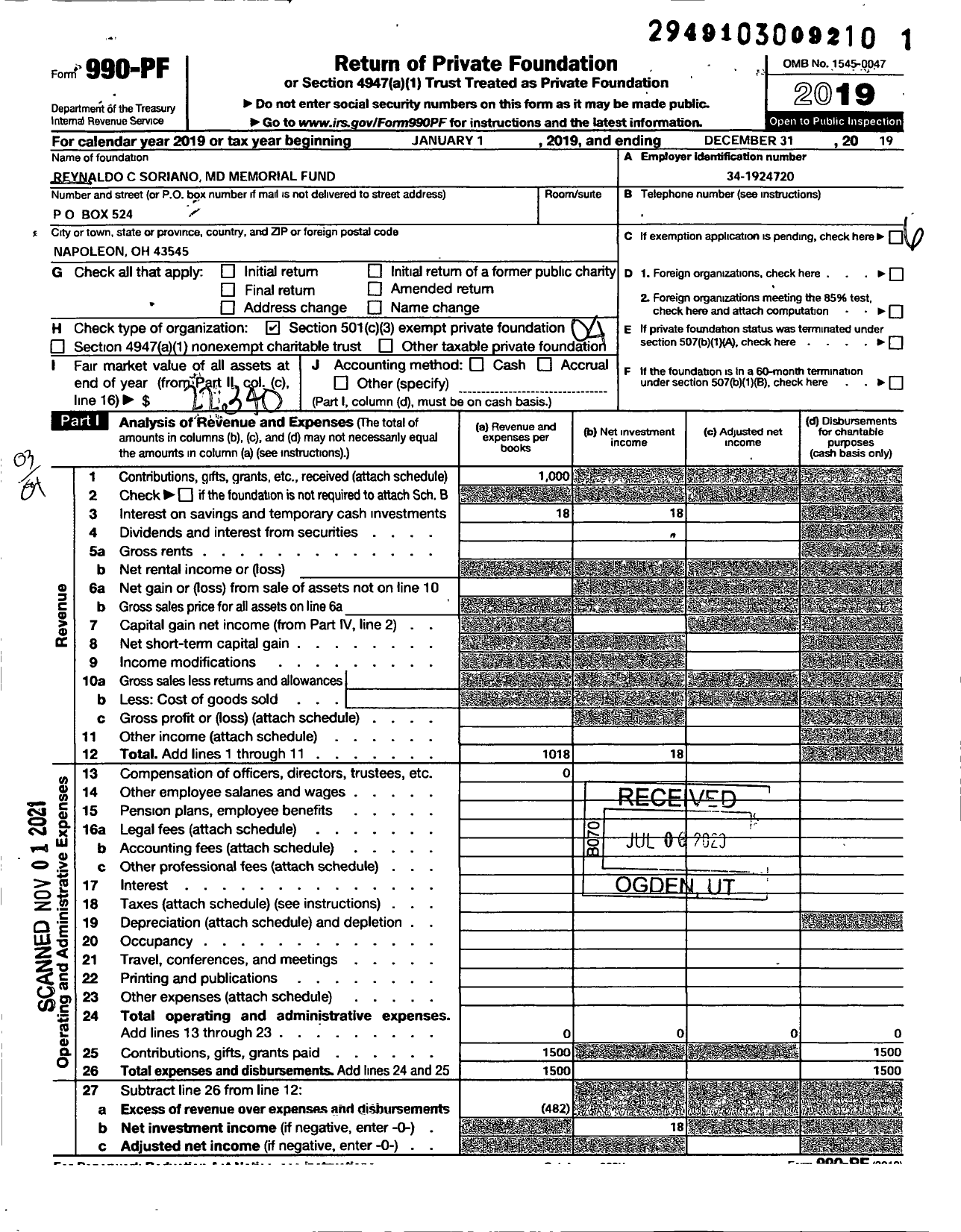 Image of first page of 2019 Form 990PF for Reynaldo C Soriano MD Memorial Fund