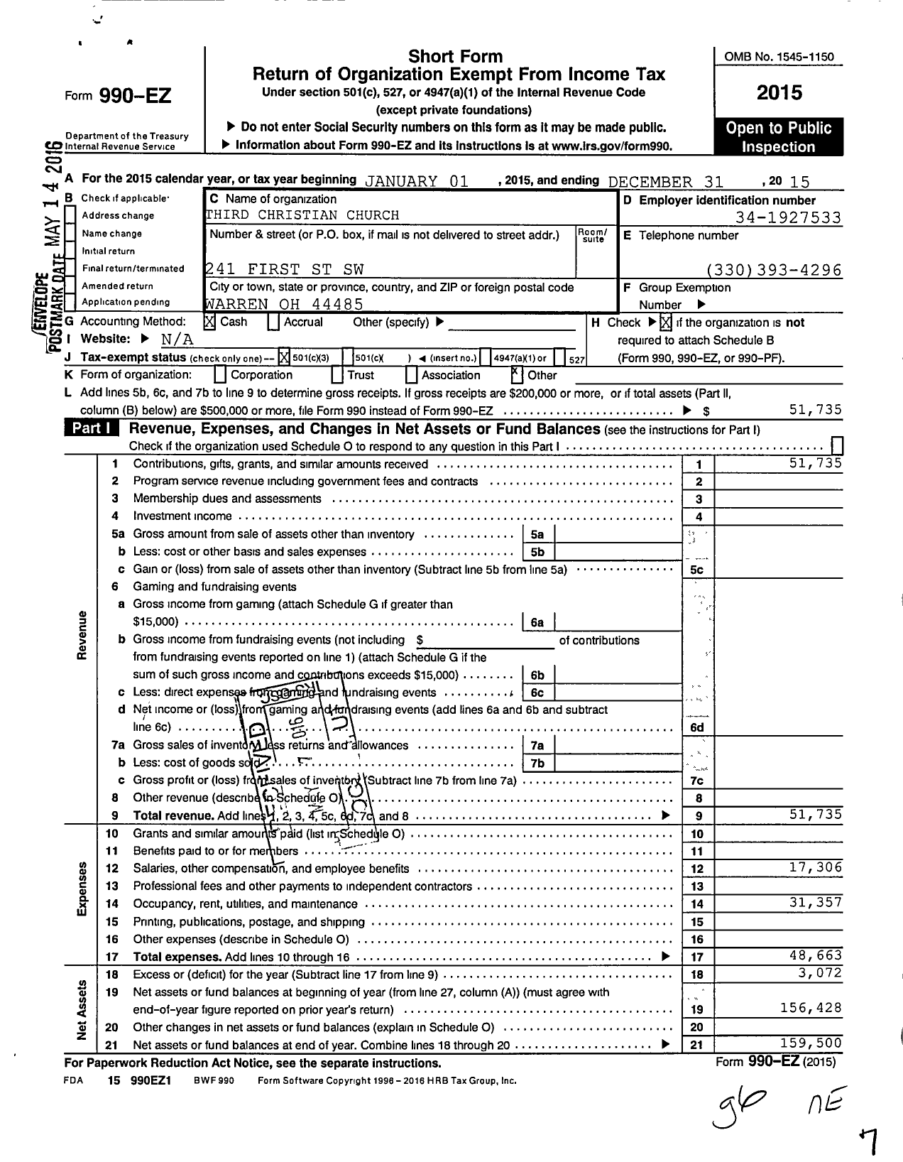 Image of first page of 2015 Form 990EZ for Third Christian Church