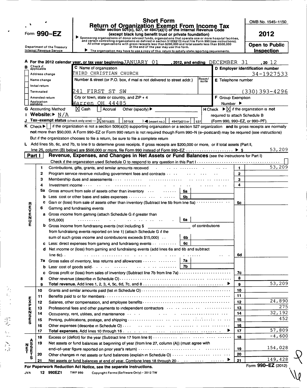 Image of first page of 2012 Form 990EZ for Third Christian Church