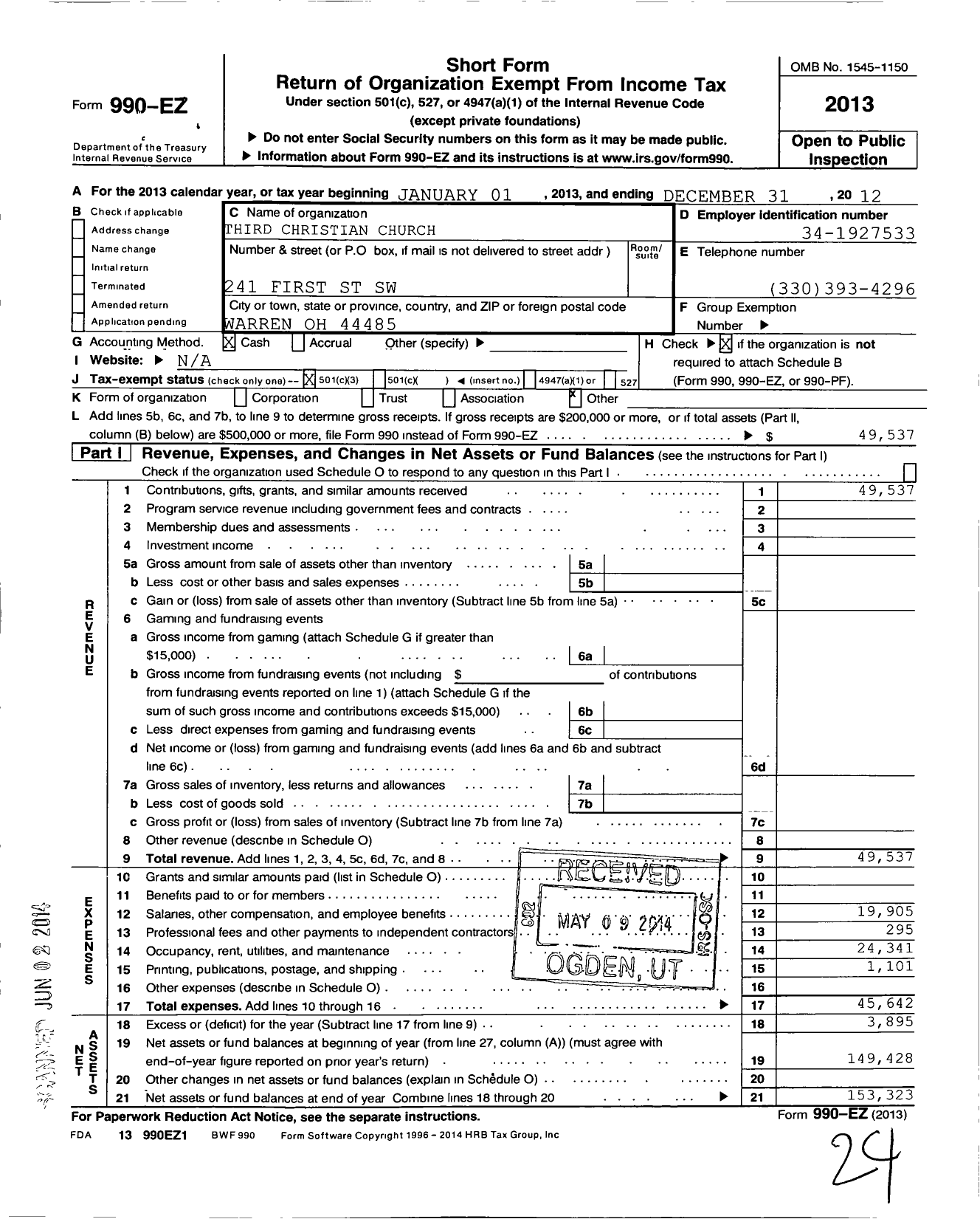 Image of first page of 2012 Form 990EZ for Third Christian Church