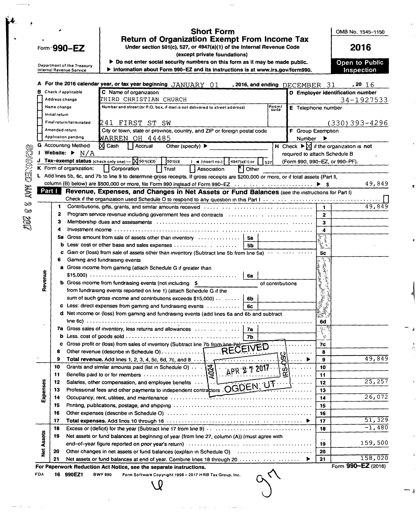 Image of first page of 2016 Form 990EZ for Third Christian Church